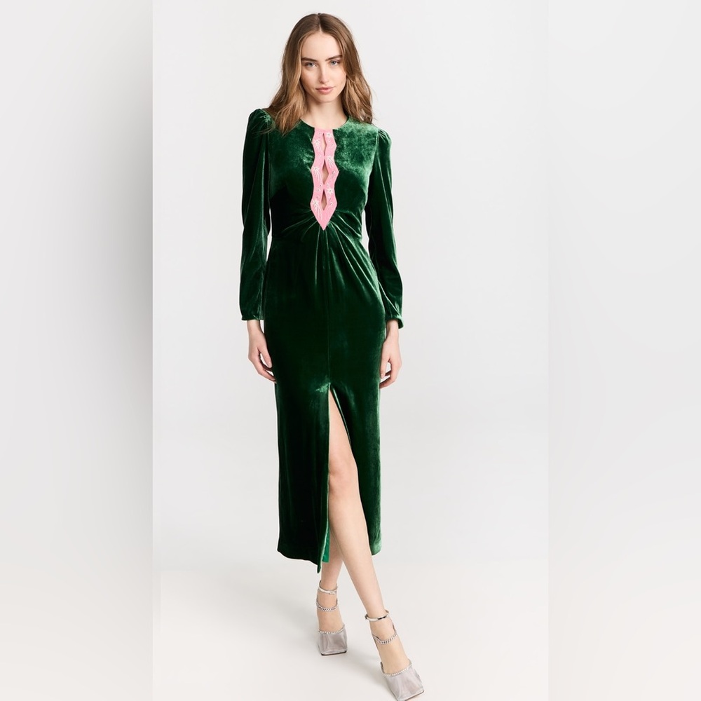SALONI Jinx C Embellished Silk-Trimmed Velvet Midi Dress in Emerald Green US 10